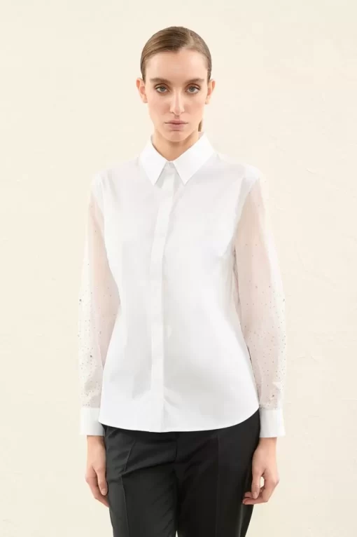 Discount Peserico Camicia In Popeline Con Maniche In Organza Ricamate